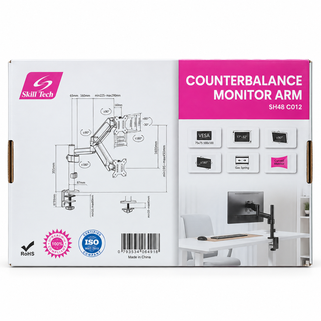 Skill Tech SH48 C012 Counterbalance Gas Spring Single Monitor Arm (17"-32")