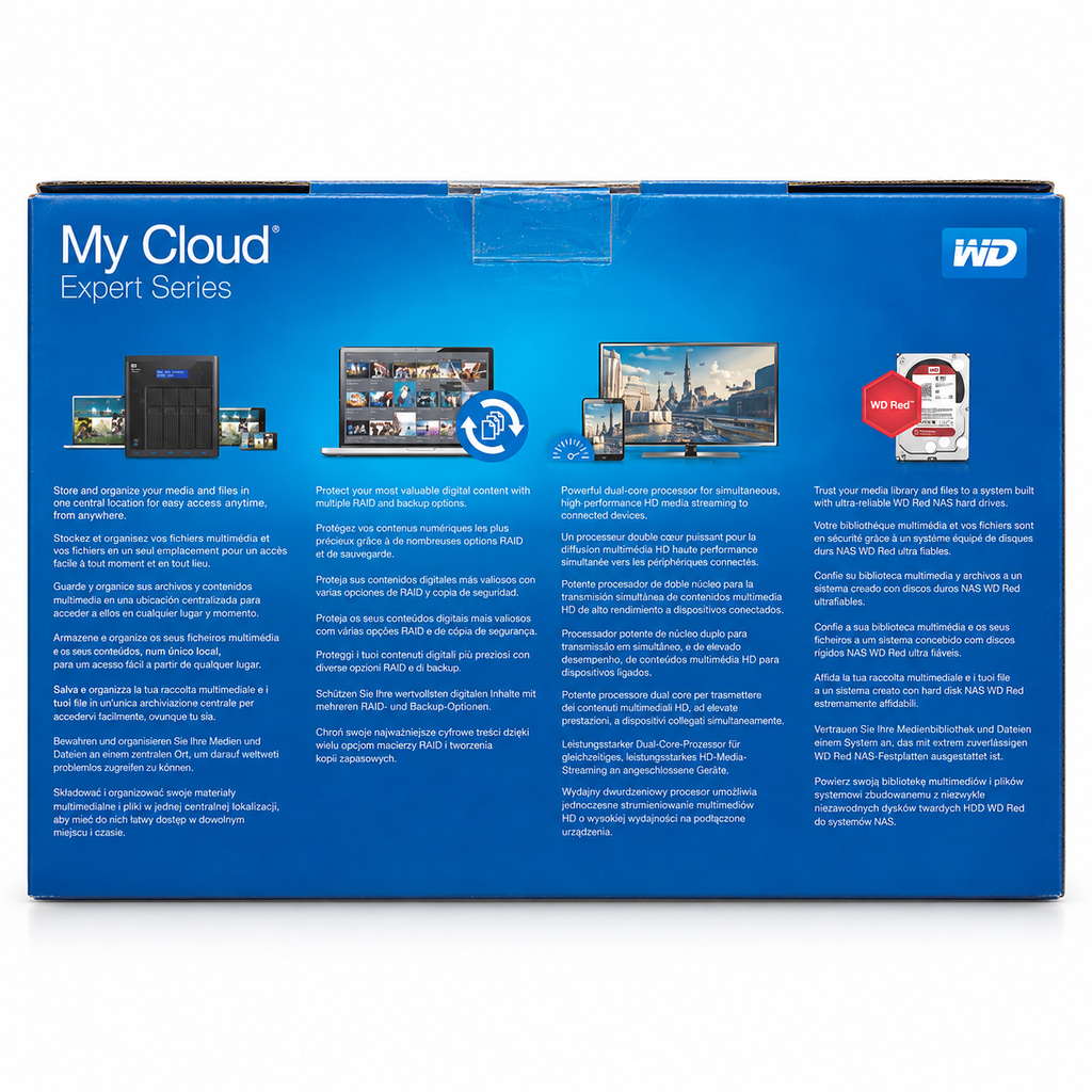 The back of a blue WD My Cloud Expert Series box, showing product features and compatibility text with small product and lifestyle illustrations.