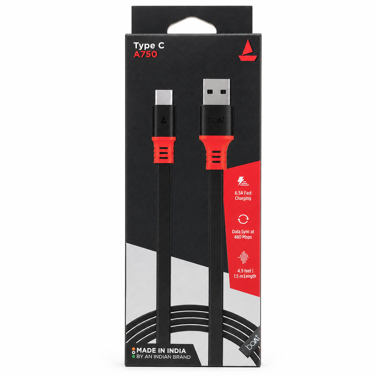 boAt Type C A750 6.5A Fast Charging Cable 1.5m - Black الصورة الرئيسية