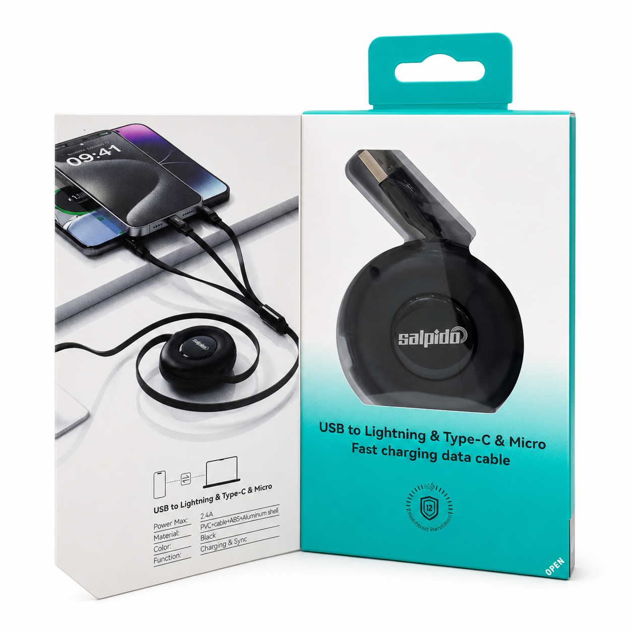 Salpido SDC-110 3-in-1 Retractable Charging & Data Cable - Black صورة ثانوية