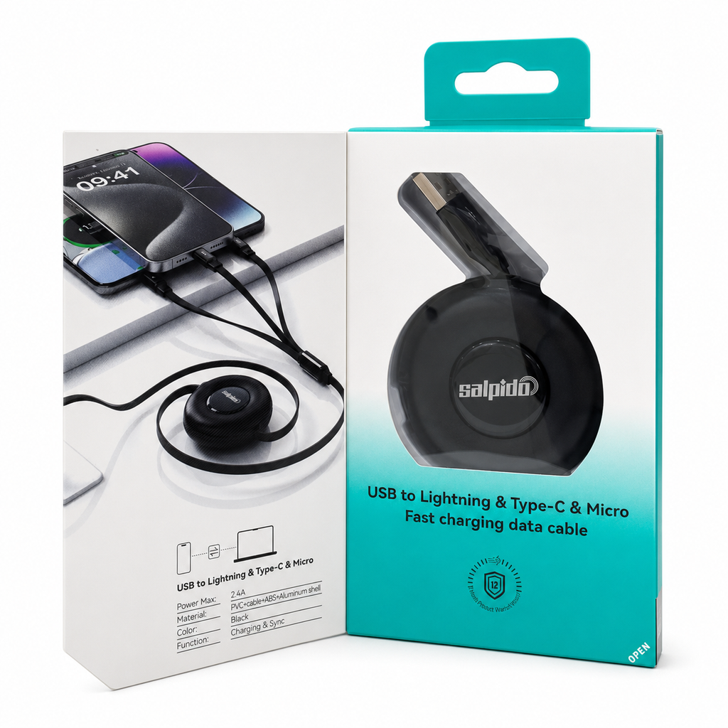 Salpido SDC-110 3-in-1 Retractable Charging & Data Cable - Black
