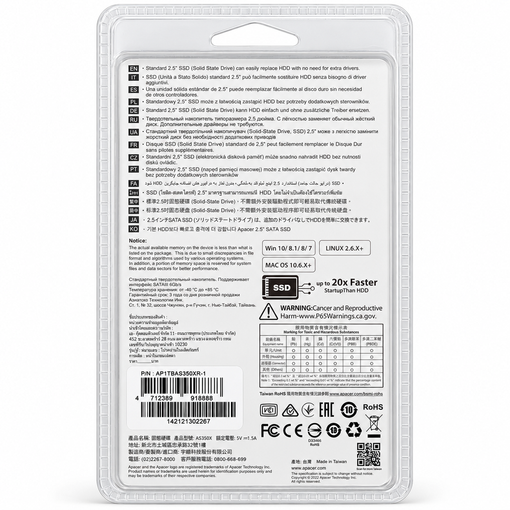 Apacer AS350X 1TB 2.5" SATA III 6Gb/s Internal Solid State Drive (SSD)