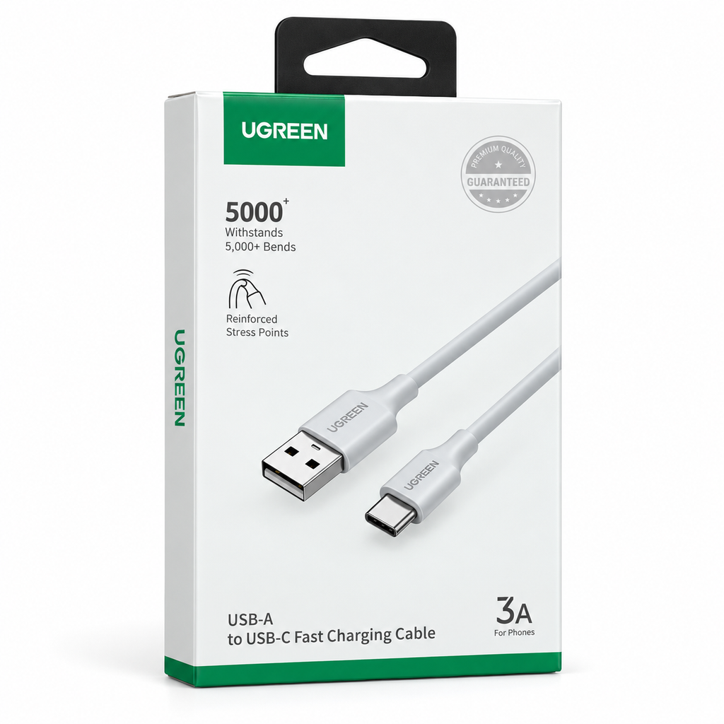 UGREEN US287 2M USB-A-M to USB-C-M 3A Fast Charging & Data Cable - White (60123)
