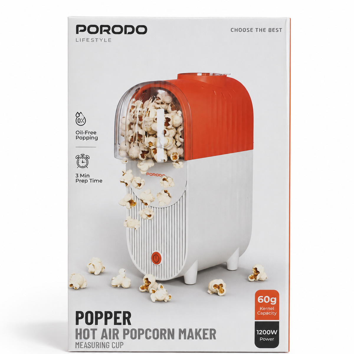 Porodo Lifestyle Popper Hot Air Popcorn Maker 1200W - White/Orange