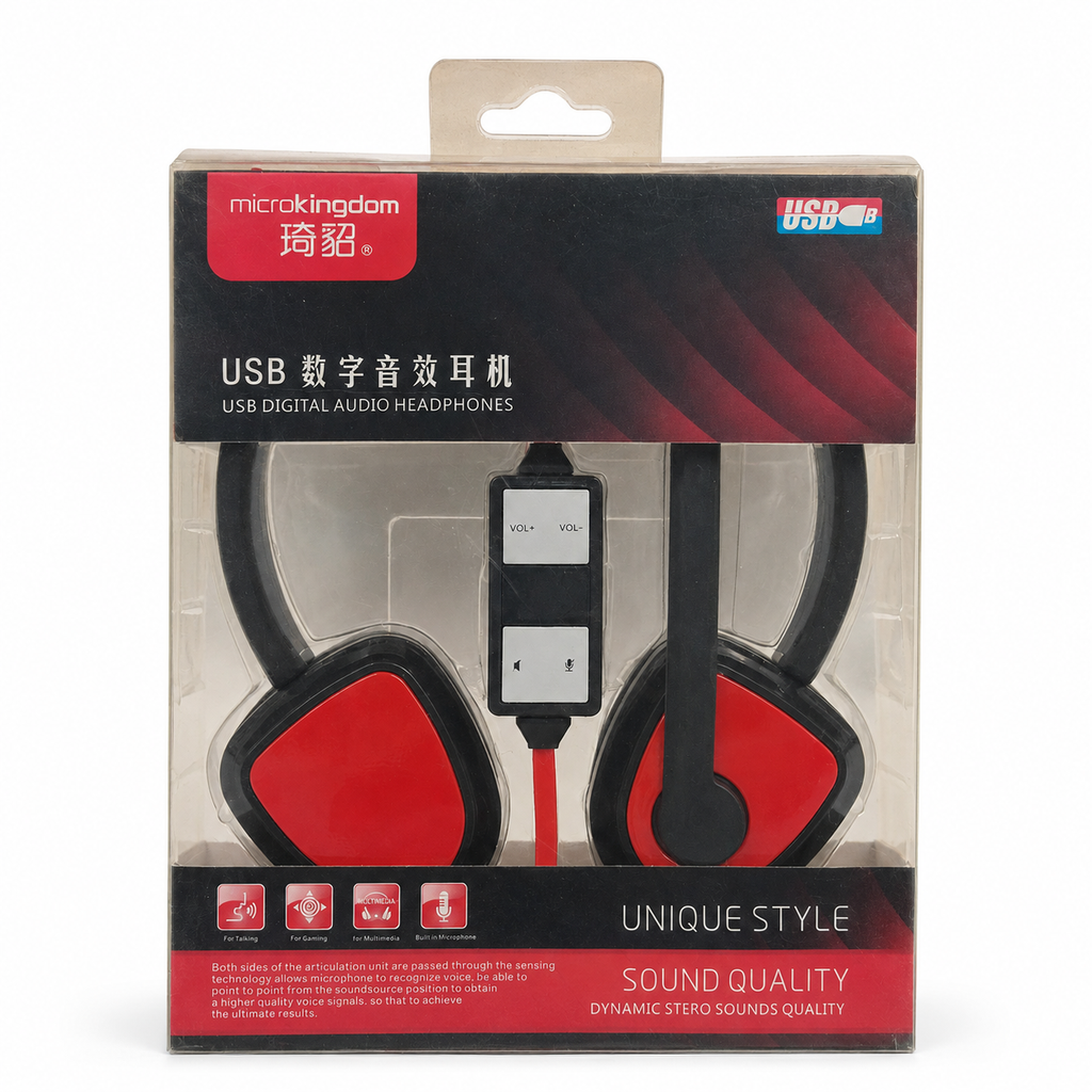 Microkingdom USB Digital Audio Headphones with Microphone - Red/Black
