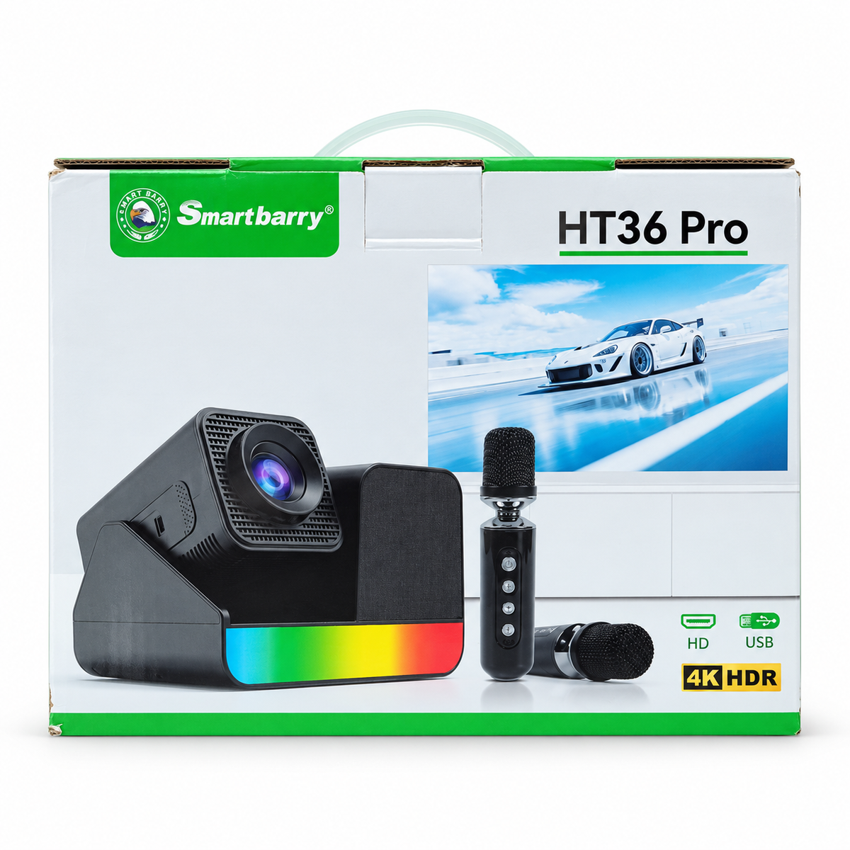 Smartbarry HT36 Pro 4K HDR Projector with 2 Wireless Microphones - Black الصورة الرئيسية