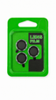Three circular black camera lens filters in a bright green blister pack with a black insert card labeled 'LENS FILM'.