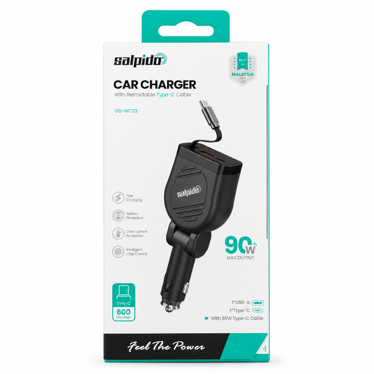 Salpido GD-WC23 90W Car Charger with Retractable USB-C Cable - Black الصورة الرئيسية