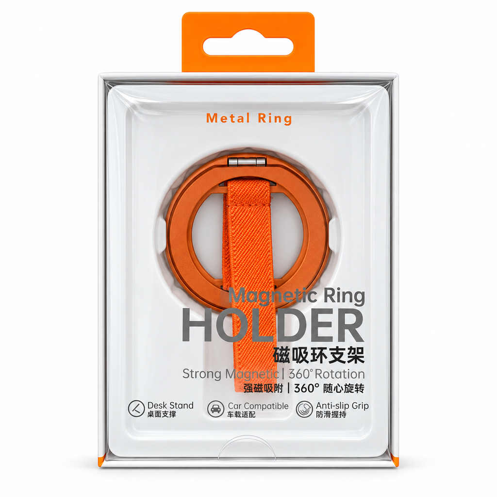 Magnetic Metal Ring Phone Holder with Anti-Slip Fabric Strap & Kickstand