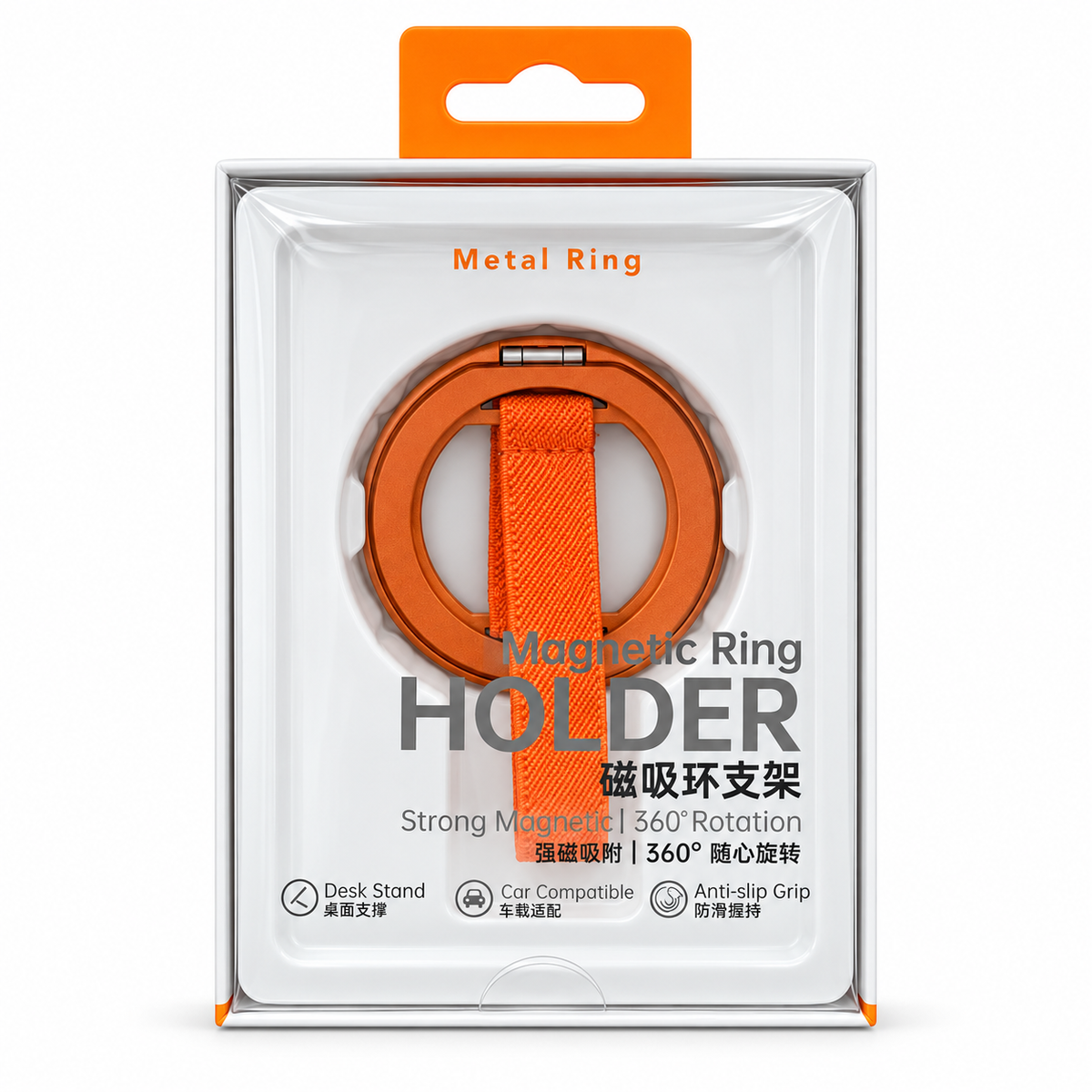 Magnetic Metal Ring Phone Holder with Anti-Slip Fabric Strap & Kickstand