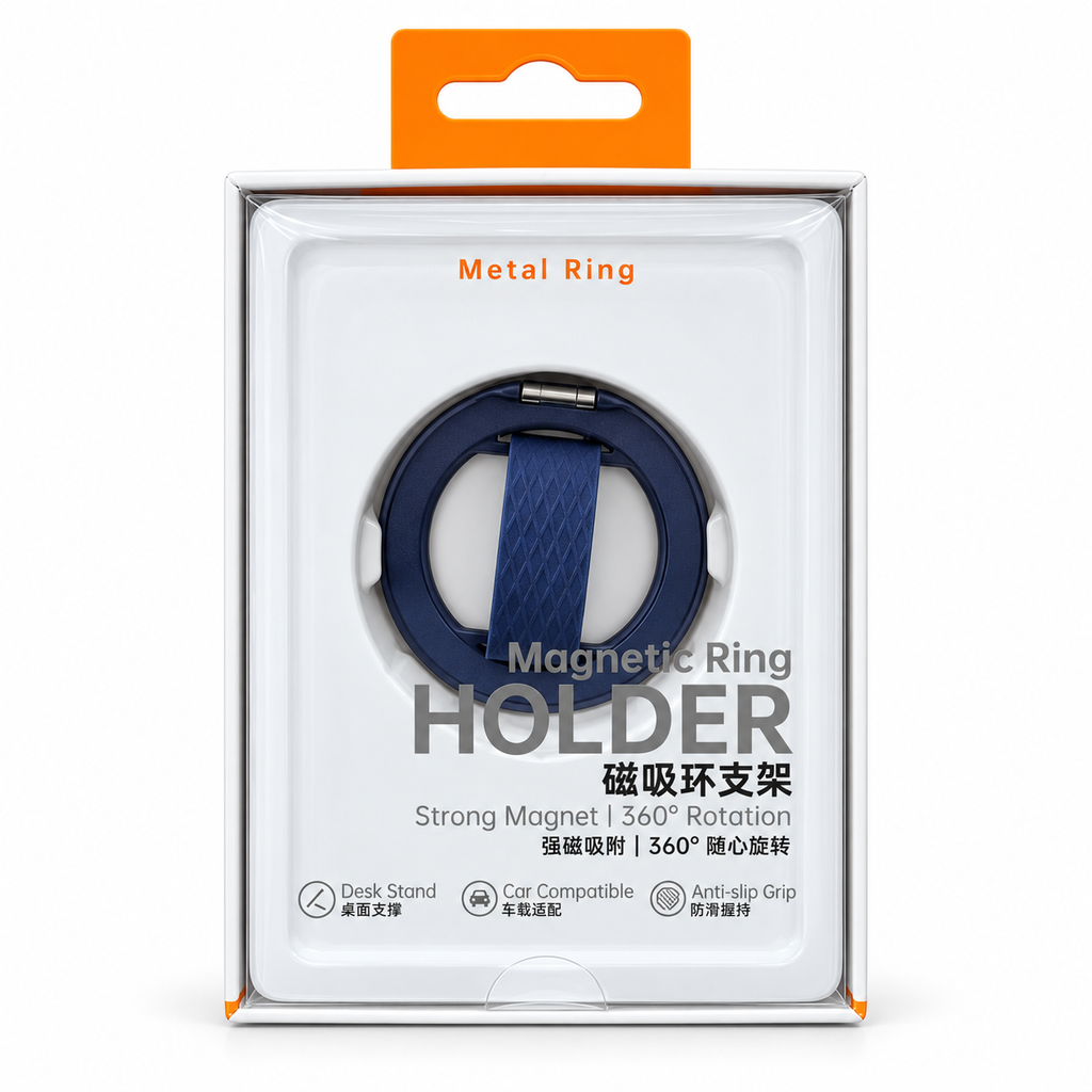 Magnetic Metal Ring Phone Holder with Anti-Slip Silicon Strap & Kickstand
