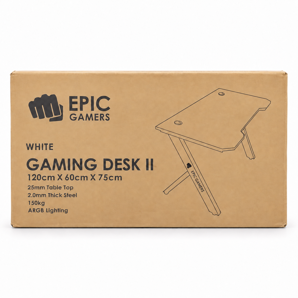 EPIC GAMERS White GAMING DESK II with ARGB Lighting (120cm x 60cm x 75cm)