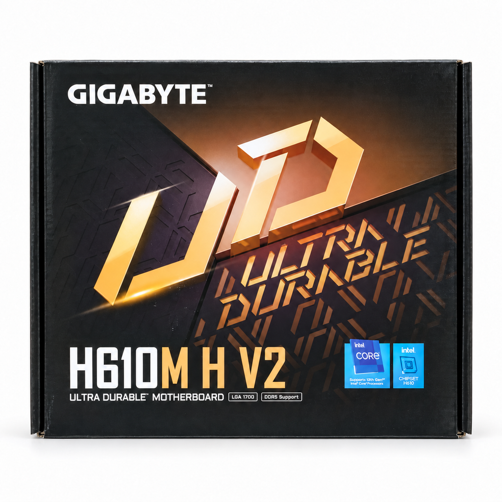Gigabyte H610M H V2 Ultra Durable Motherboard retail box, featuring a black and gold design with blue Intel Core and Intel 12th Gen processor badges.