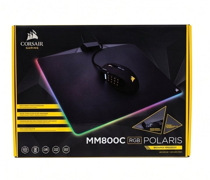 A collage of multiple computer peripheral product photos and their retail packaging, including a mouse pad, mouse, keyboard, headset, and other gaming accessories, shown on a plain white background. الصورة الرئيسية