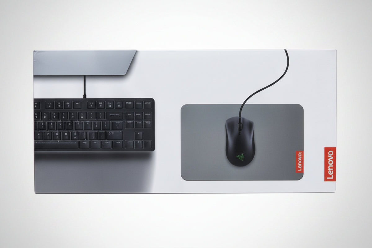 A collage of multiple computer peripheral product photos and their retail packaging, including a mouse pad, mouse, keyboard, headset, and other gaming accessories, shown on a plain white background.