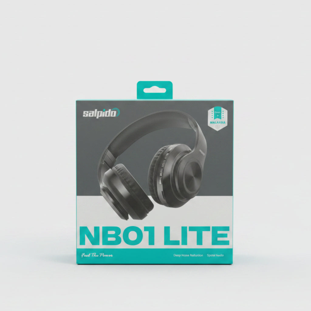 Galpudo NBO1 Lite over-ear headphones retail packaging box displayed on a store counter. الصورة الرئيسية