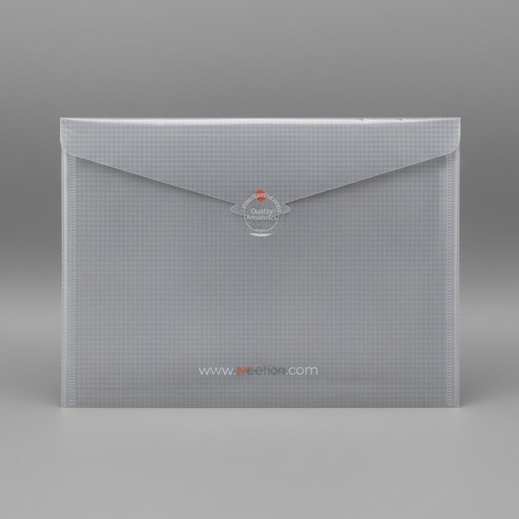 A light blue-gray translucent mesh mailer envelope with a diagonal flap, placed on a light wood grain surface.
