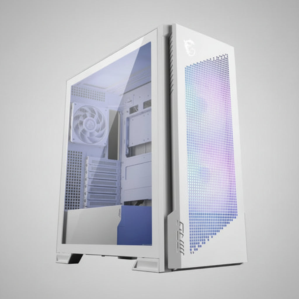A white mid-tower gaming PC case with a transparent side panel showing internal components, a front mesh vent illuminated with blue and purple RGB lighting, and a visible MSI logo on the upper right front panel.