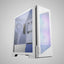 A white mid-tower gaming PC case with a transparent side panel showing internal components, a front mesh vent illuminated with blue and purple RGB lighting, and a visible MSI logo on the upper right front panel.