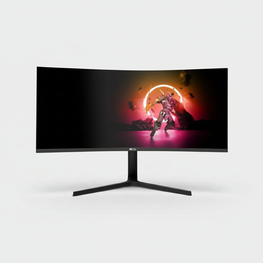 A curved gaming monitor with a black stand, shown against a plain white background. The screen displays a colorful digital wallpaper of a futuristic warrior in front of a glowing red and orange ring.