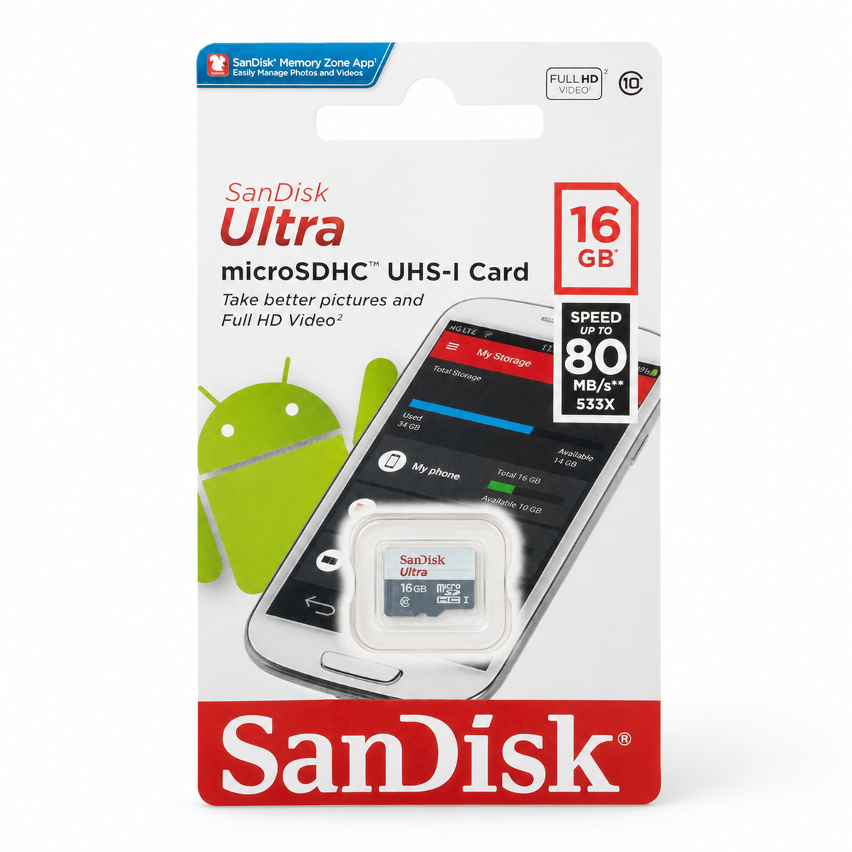 SanDisk Ultra 16GB microSDHC UHS-I Card 80MB/s الصورة الرئيسية