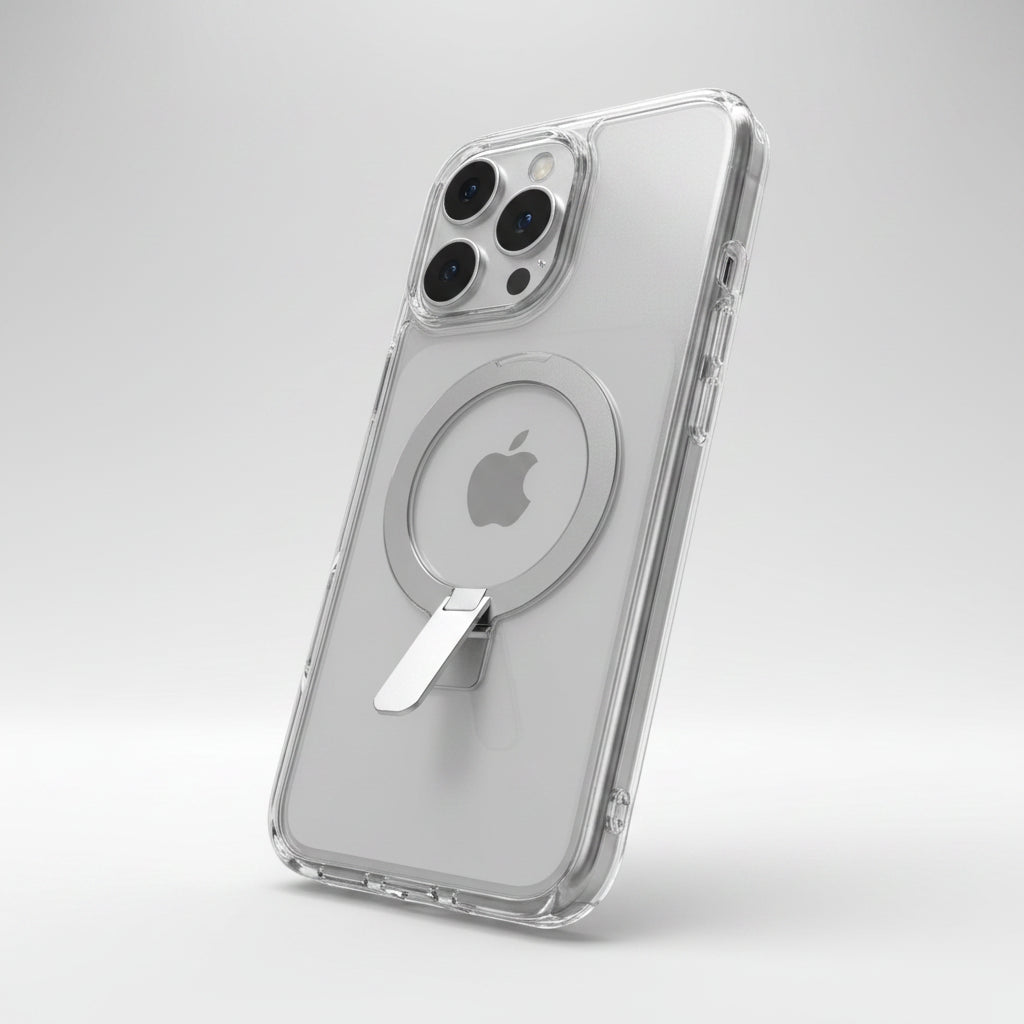 Phone case with a magnetic ring holder on a white background