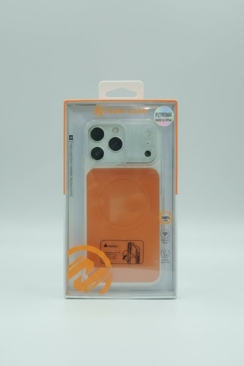 An orange magnetic wireless charging case for a smartphone, shown inside its original retail packaging. The packaging features a clear window displaying the phone case, which has a white back and a prominent orange magnetic ring. Main image