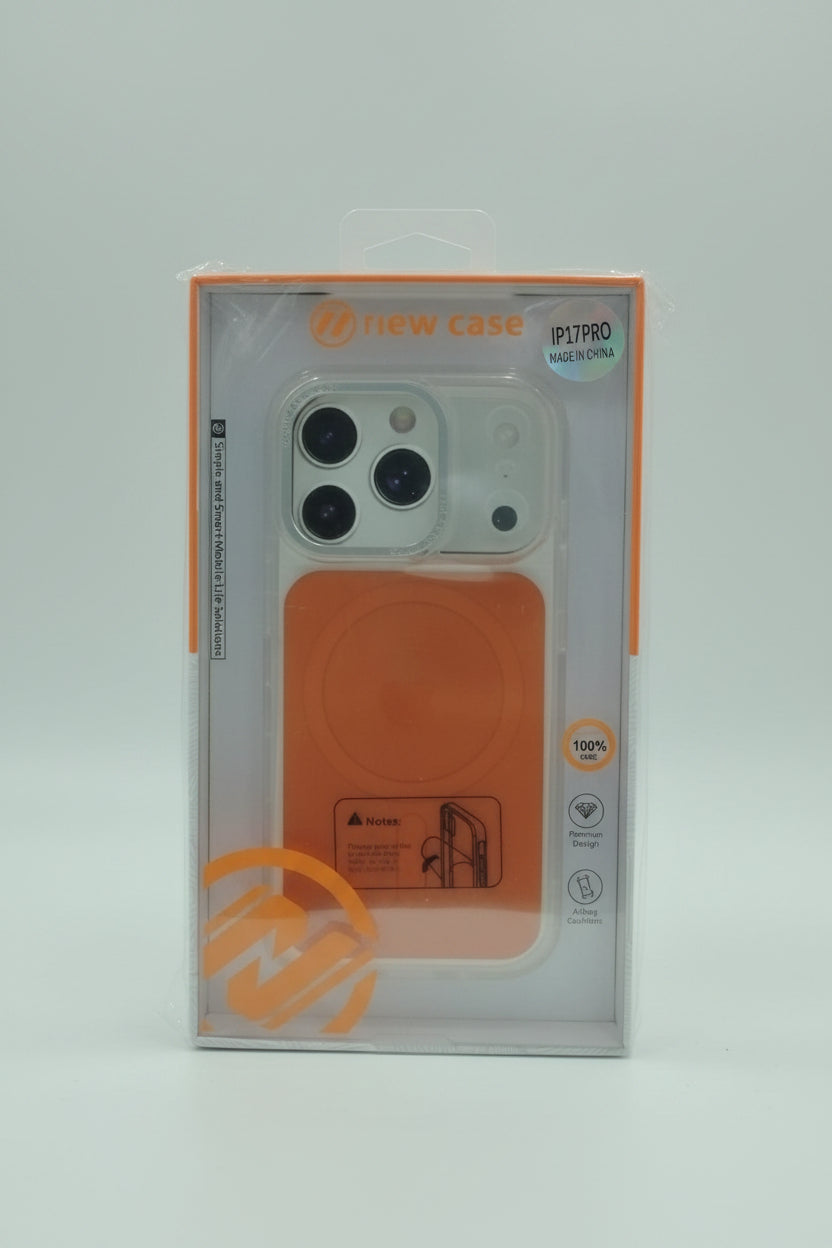 New Case brand MagSafe-compatible protective case for iPhone 13 Pro, shown in its original retail packaging. The case features a translucent light gray camera surround and a vibrant orange back with a built-in MagSafe ring. Main image