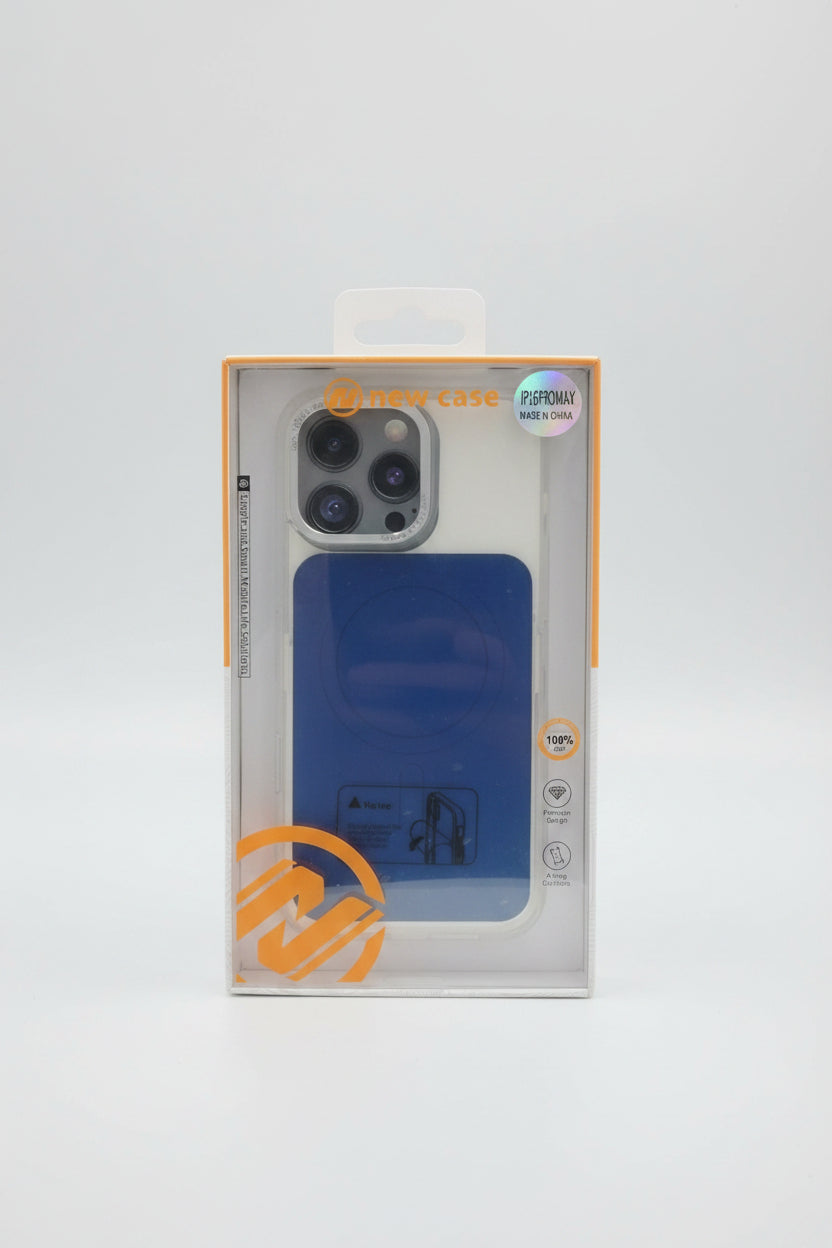 A boxed phone case in retail packaging, showing a blue MagSafe-compatible case through a clear front window. The box has orange accents and text including 'new case' and 'PSPROMAX'. Main image