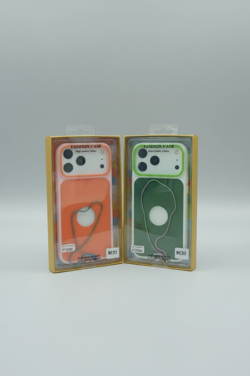 Two packaged phone cases displayed side by side in clear retail packaging. The left case is orange with a white camera cutout area and a thin metallic wire-like accent, while the right case is green with a similar white camera area and a thin multicolored wire accent.