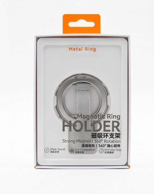Magnetic Metal Ring Phone Holder with Anti-Slip Fabric Strap & Kickstand