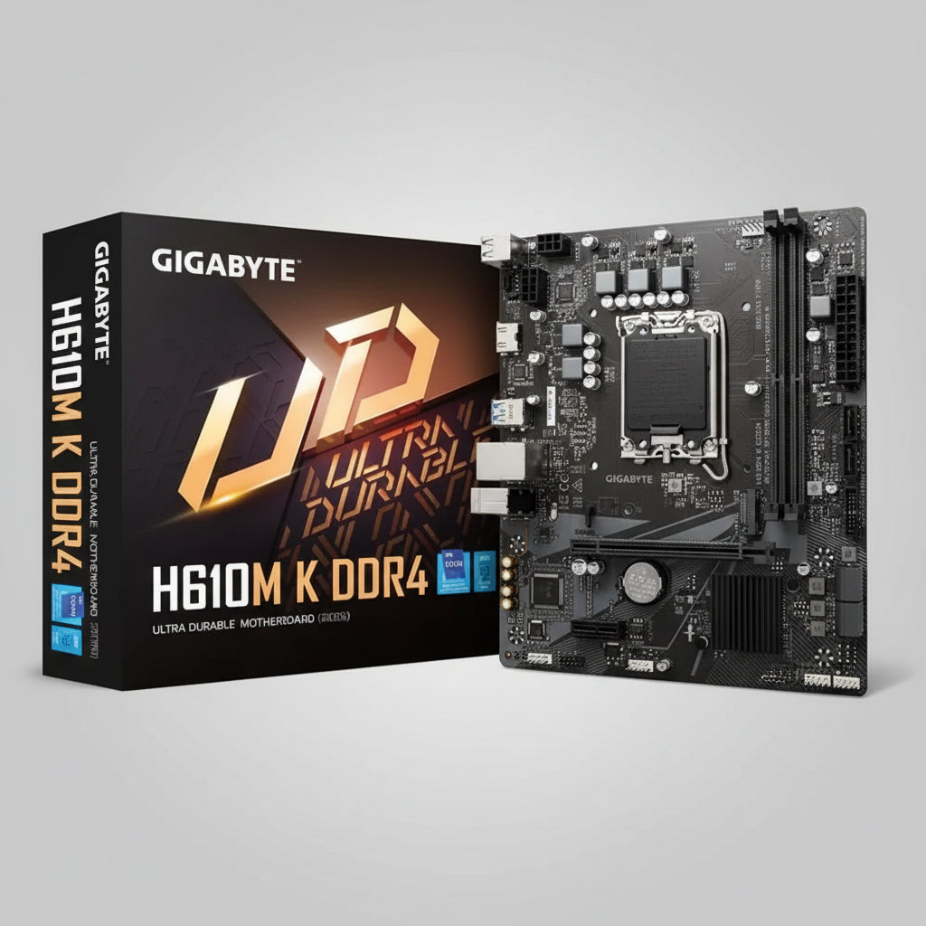 Gigabyte H610M K DDR4 motherboard shown next to its retail box on a plain white background.