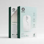 A product box for a white wireless mouse, shown in front of its teal and white packaging. The box features a graphic of the mouse and various feature icons.