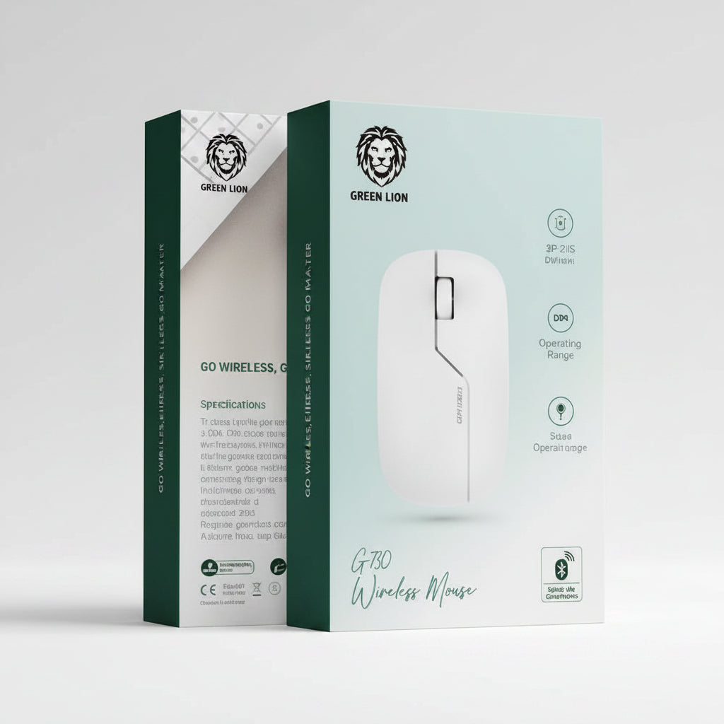 A product box for a white wireless mouse, shown in front of its teal and white packaging. The box features a graphic of the mouse and various feature icons.