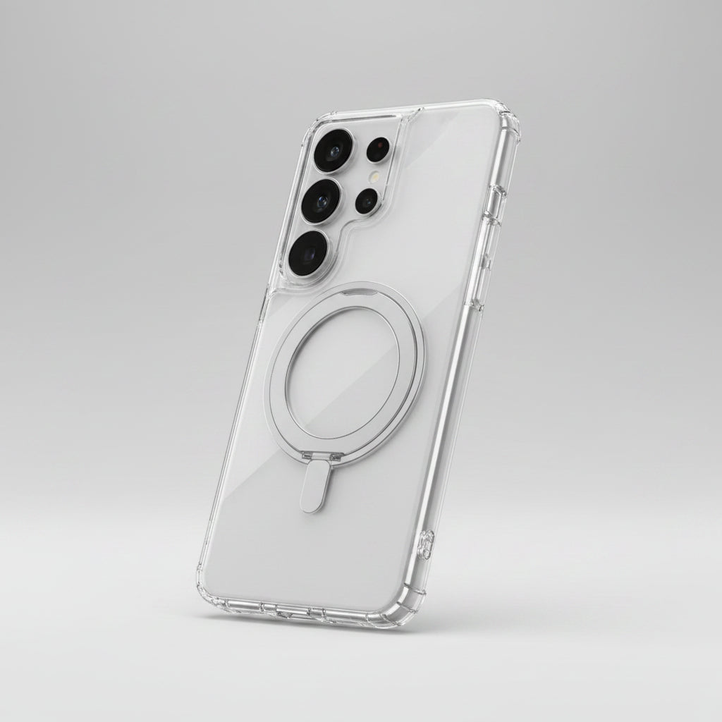 Clear phone case with magnetic ring stand on a white background