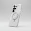 Clear phone case with magnetic ring stand on a white background