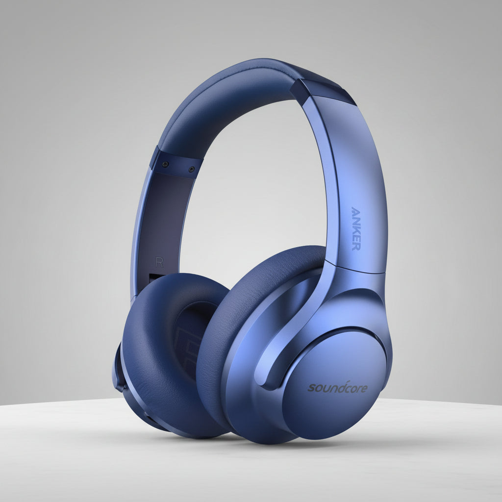 Blue headphones with 'Anker' and 'Soundcore' branding on a white background الصورة الرئيسية