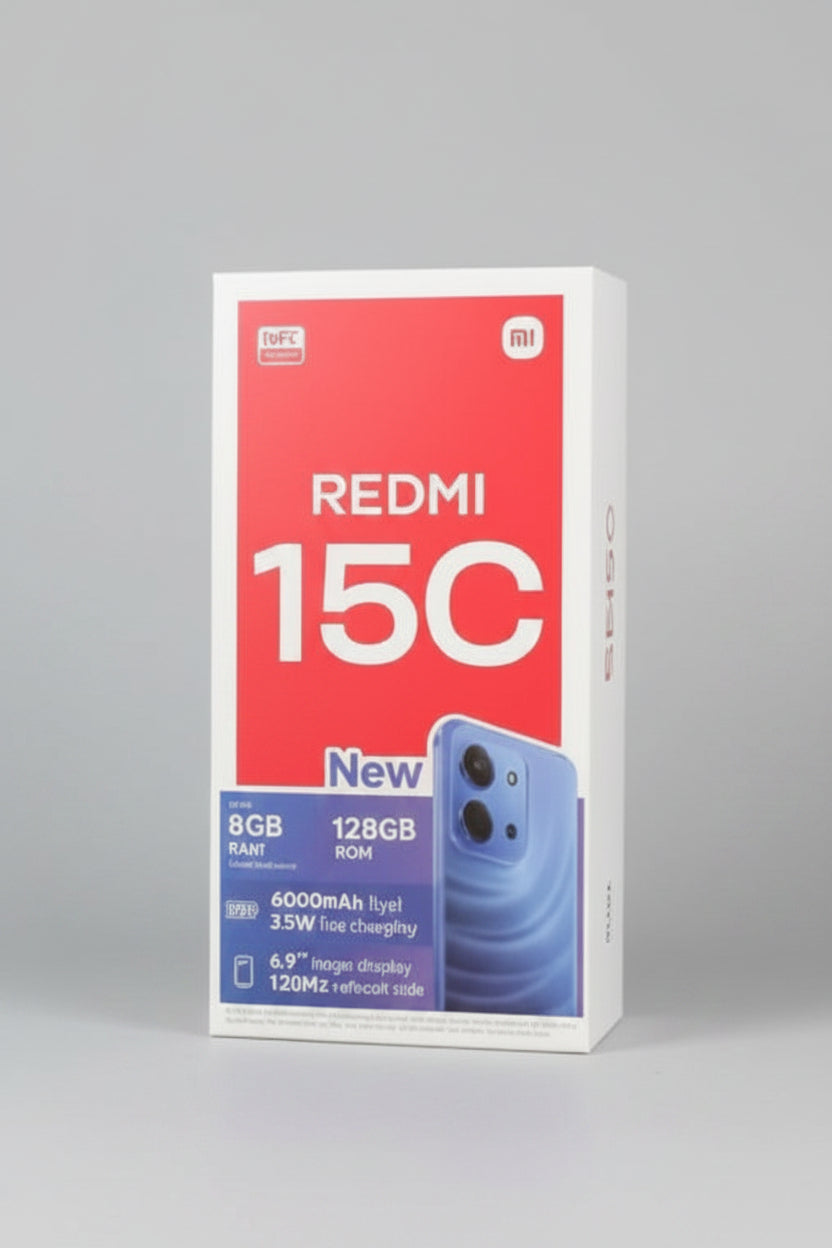 A blue Xiaomi Redmi 15C smartphone shown next to its red and white retail packaging box on a wooden surface.