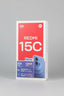 A blue Xiaomi Redmi 15C smartphone shown next to its red and white retail packaging box on a wooden surface.