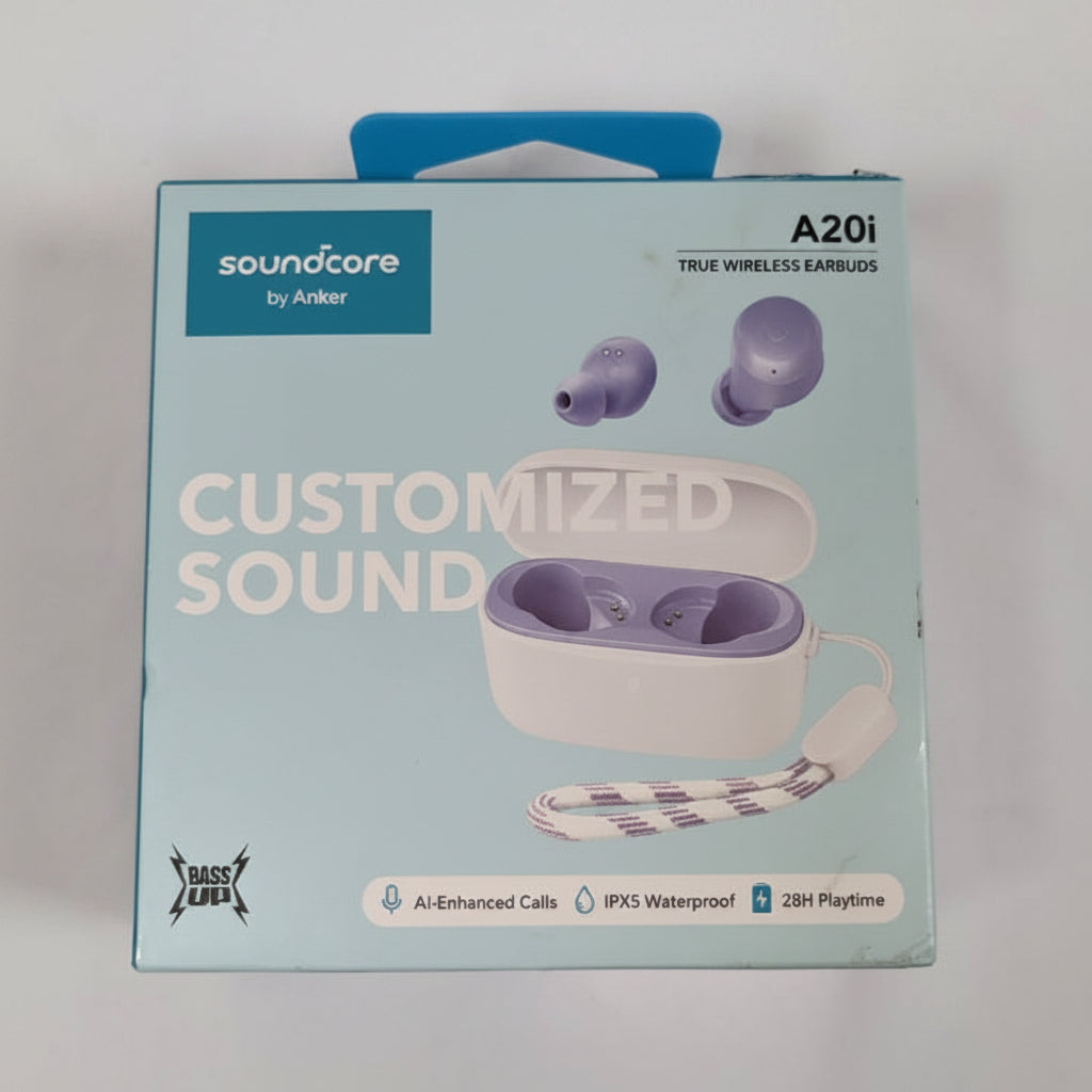 Soundcore by Anker A20i true wireless earbuds retail box in light blue, showing the earbuds, charging case, and a purple-and-white patterned cable on the front. الصورة الرئيسية