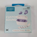 Soundcore by Anker A20i true wireless earbuds retail box in light blue, showing the earbuds, charging case, and a purple-and-white patterned cable on the front.