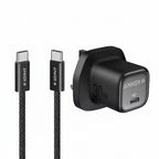 Anker 30W USB-C charging adapter and cable set in black, featuring a UK three-pin wall plug, braided cable, and USB-C connectors on a white background.