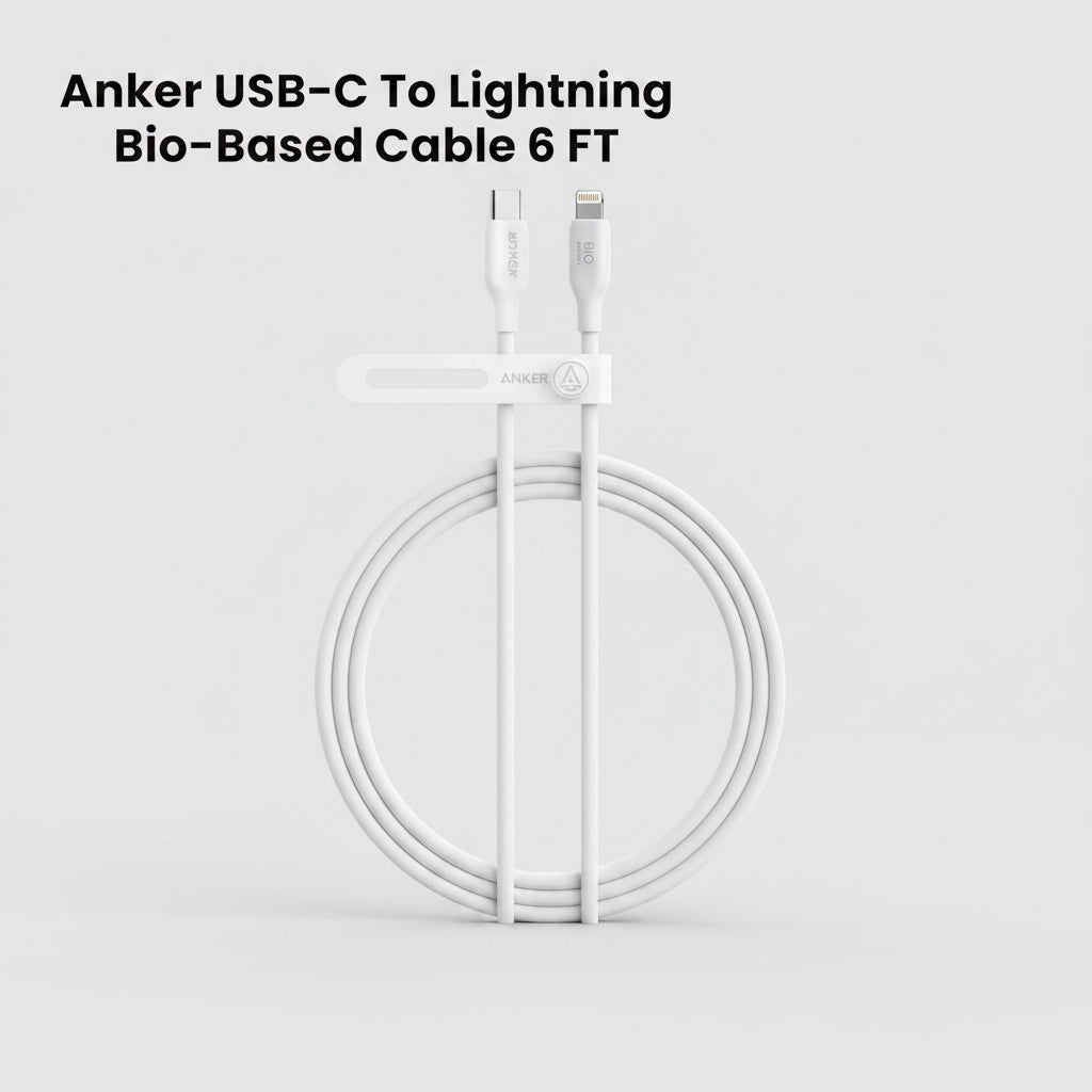 White Anker USB-C to Lightning bio-based cable 6 feet long, coiled with a white loop clip, on a white background with black text overlay at the top.