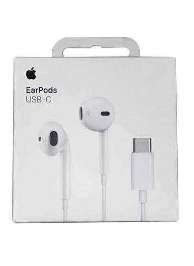 Apple EarPods USB-C wired earphones in their original white retail packaging, featuring the Apple logo and product name on the box.