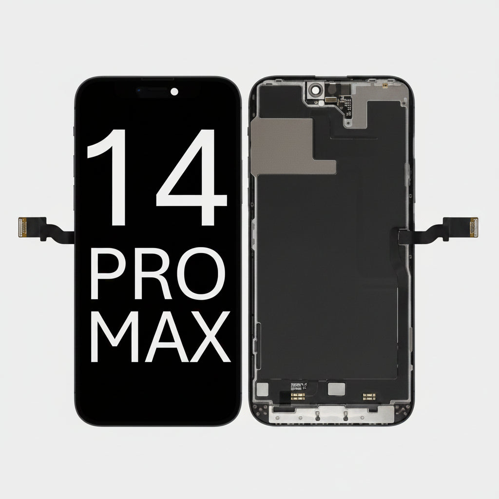 A replacement LCD screen and display assembly for a Samsung Galaxy 14 Pro Max, shown in two views: the front glass panel with black protective film and white text overlay, and the back panel showing the internal black and silver components.