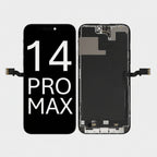 A replacement LCD screen and display assembly for a Samsung Galaxy 14 Pro Max, shown in two views: the front glass panel with black protective film and white text overlay, and the back panel showing the internal black and silver components.