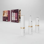 Three white handheld beauty devices with gold accents are shown alongside two product boxes on a plain white background.