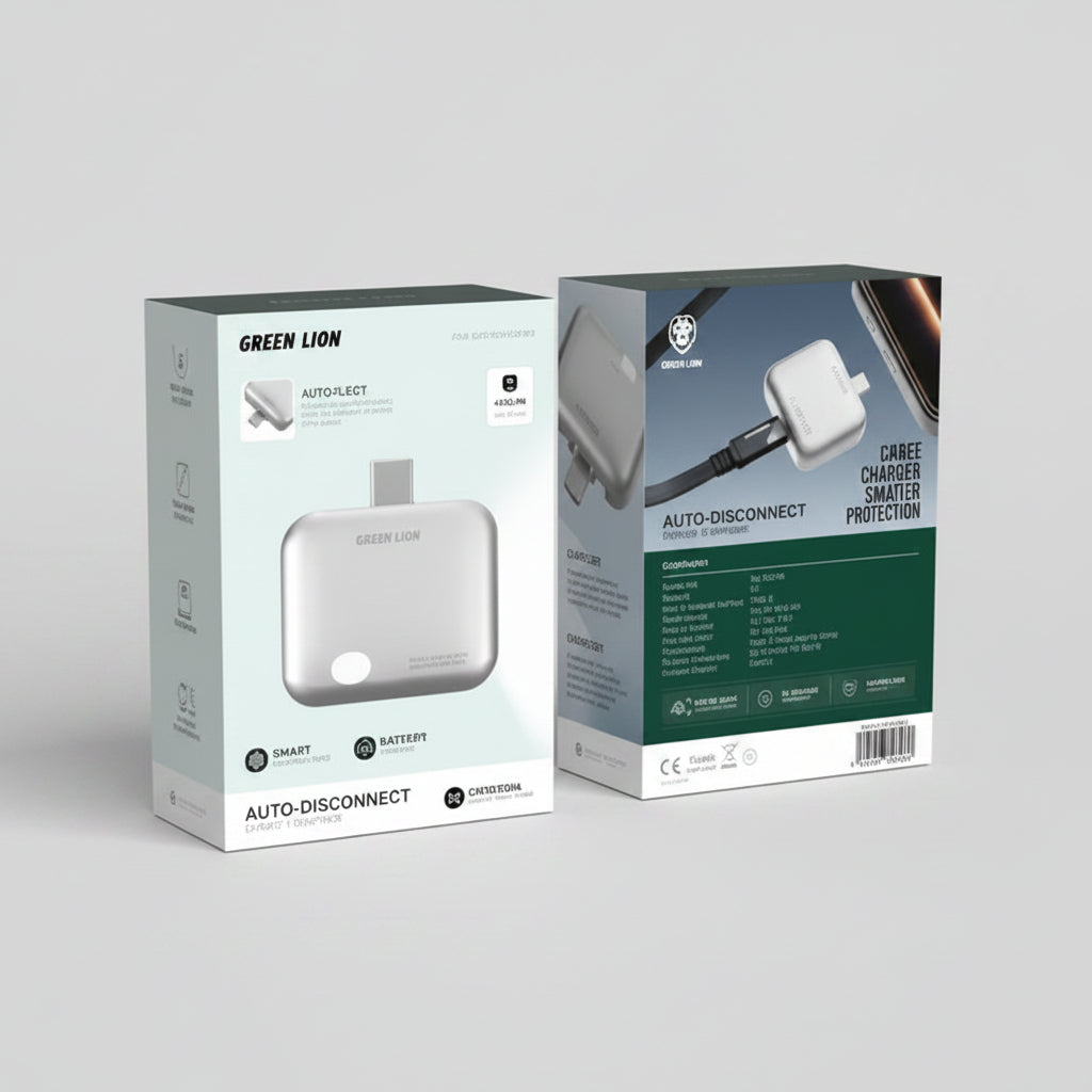 Two product packaging boxes for a Geek Light auto-disconnect LED light, shown on a plain white background. One box is white with a photo of the white rectangular light, and the other is dark green with product details and a photo of the light connected. Main image