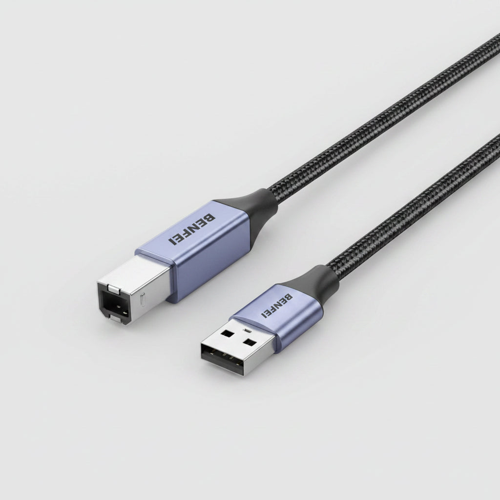 A USB-A to USB-C cable with a braided black exterior and metallic lavender-blue connectors, branded with 'BENFEI'. الصورة الرئيسية