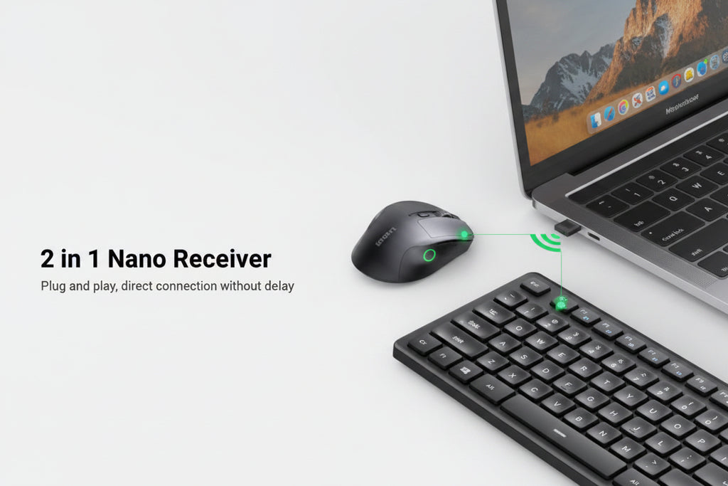 A black wireless mouse with a green accent and a black keyboard on a light gray surface next to an open laptop, with text reading '2 in 1 Nano Receiver' and 'Plug and play, direct connection without driver.'.